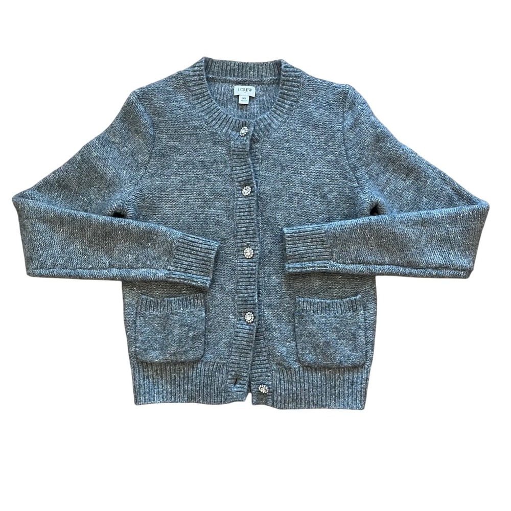 J.Crew Womens Grey Metallic Jewel Button Cardigan Sweater XS Marled Knit Pockets